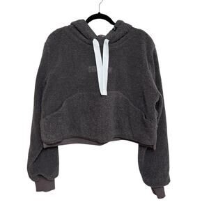 GYMSHARK Borg Cropped Hoodie in Gray Sherpa - Size M